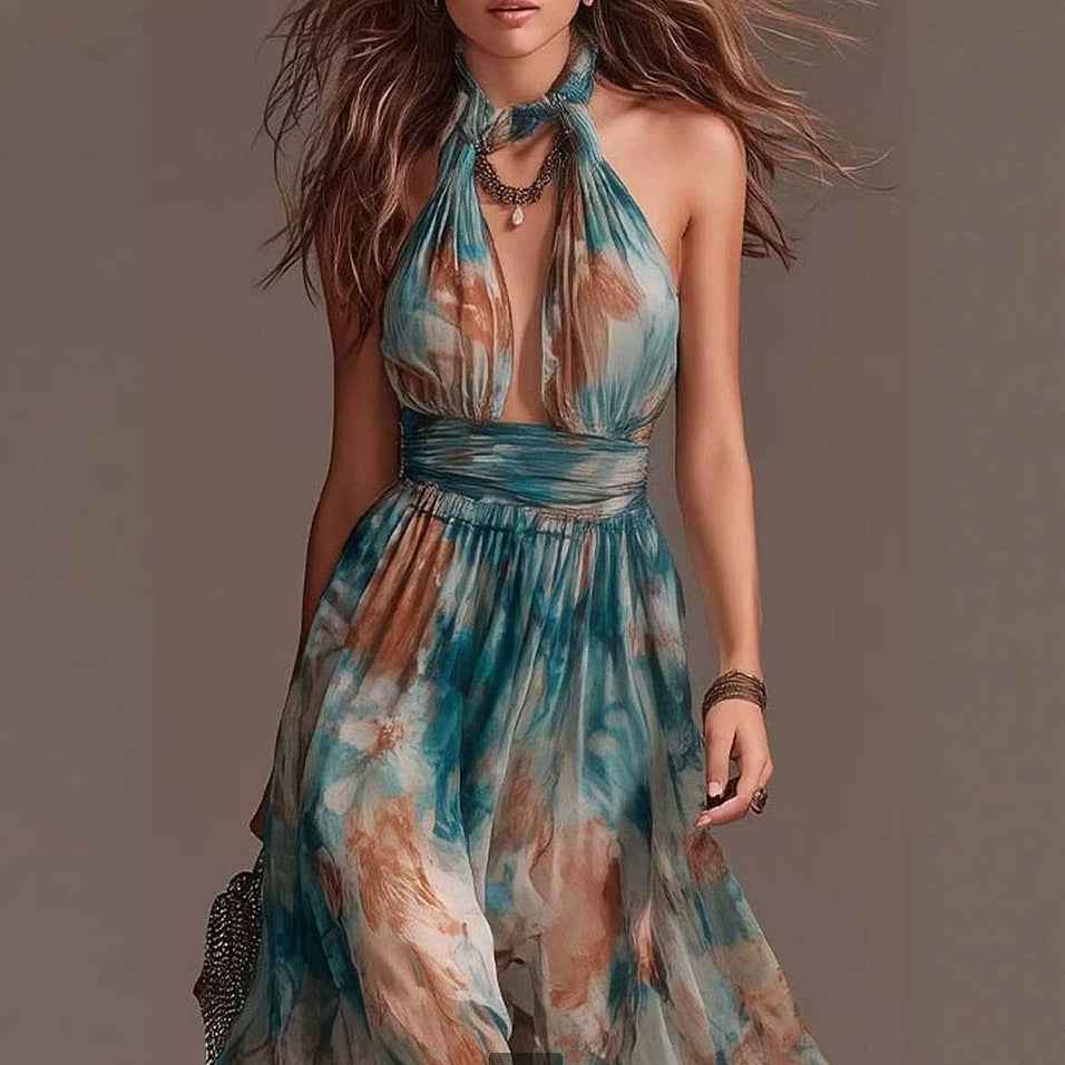 Women's Halterneck Backless Printed Maxi Dress