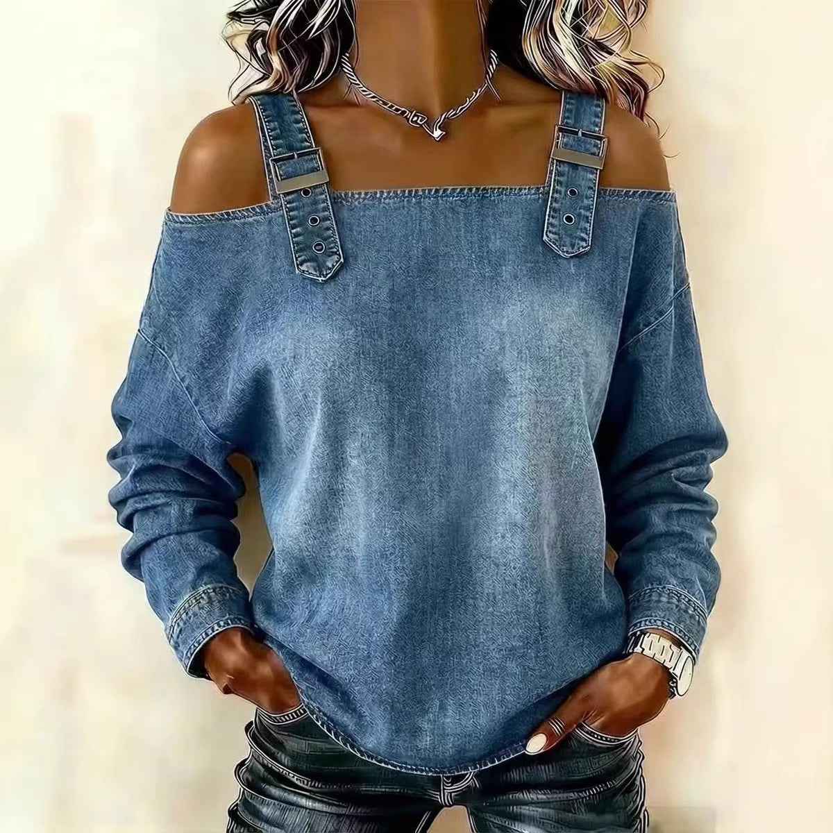 Halter-neck Off-shoulder Long-sleeve Top