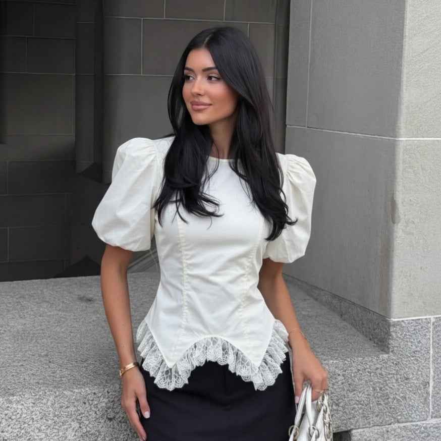Women's White Lace Puff-Sleeve Blouse — Fitted Waist & Appliqué Detail