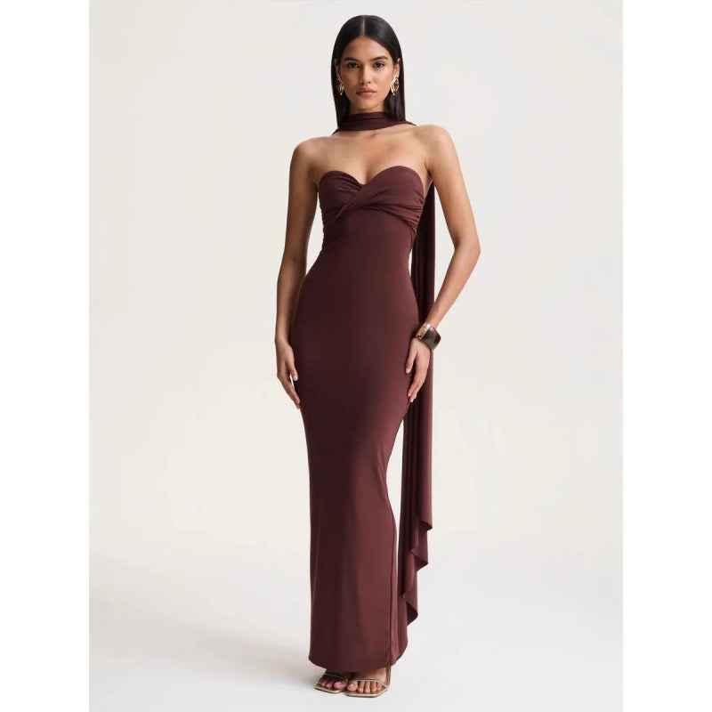 Halter-neck Pleated Knit Wrap Dress Featuring A Twist Detail And A Figure-hugging Fit That Exudes