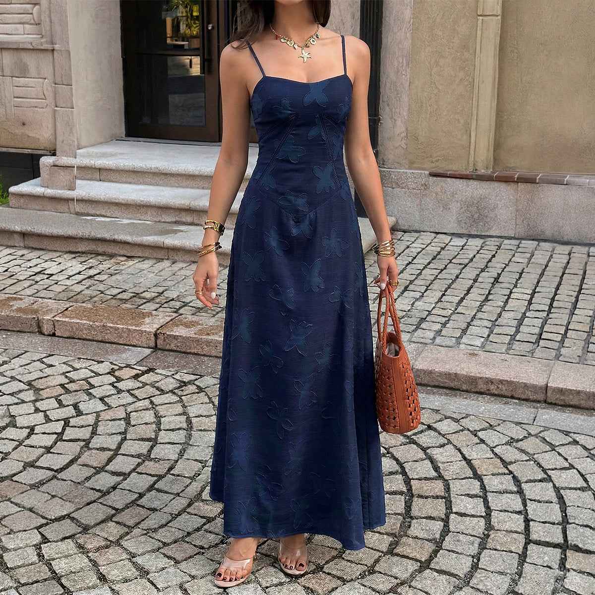 Jacquard A-Line Dress with High Waist & Adjustable Straps