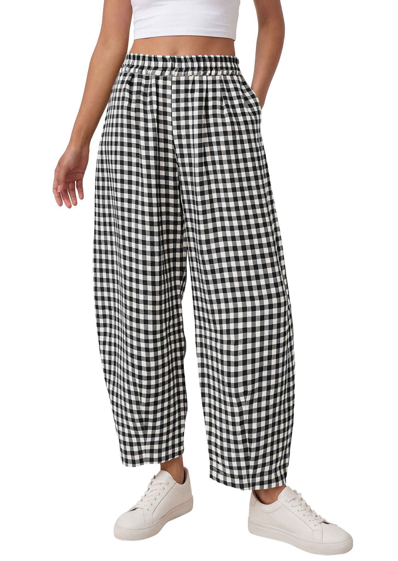Plaid Knit Elastic-Waist Cropped Trousers