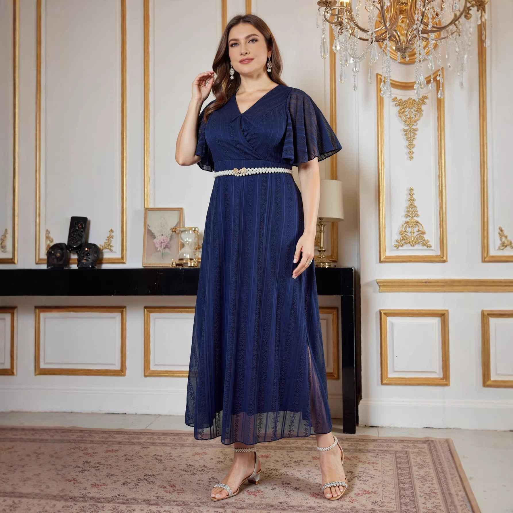 Lace Evening Gown with Belt & 3/4 Sleeves – Plus Size