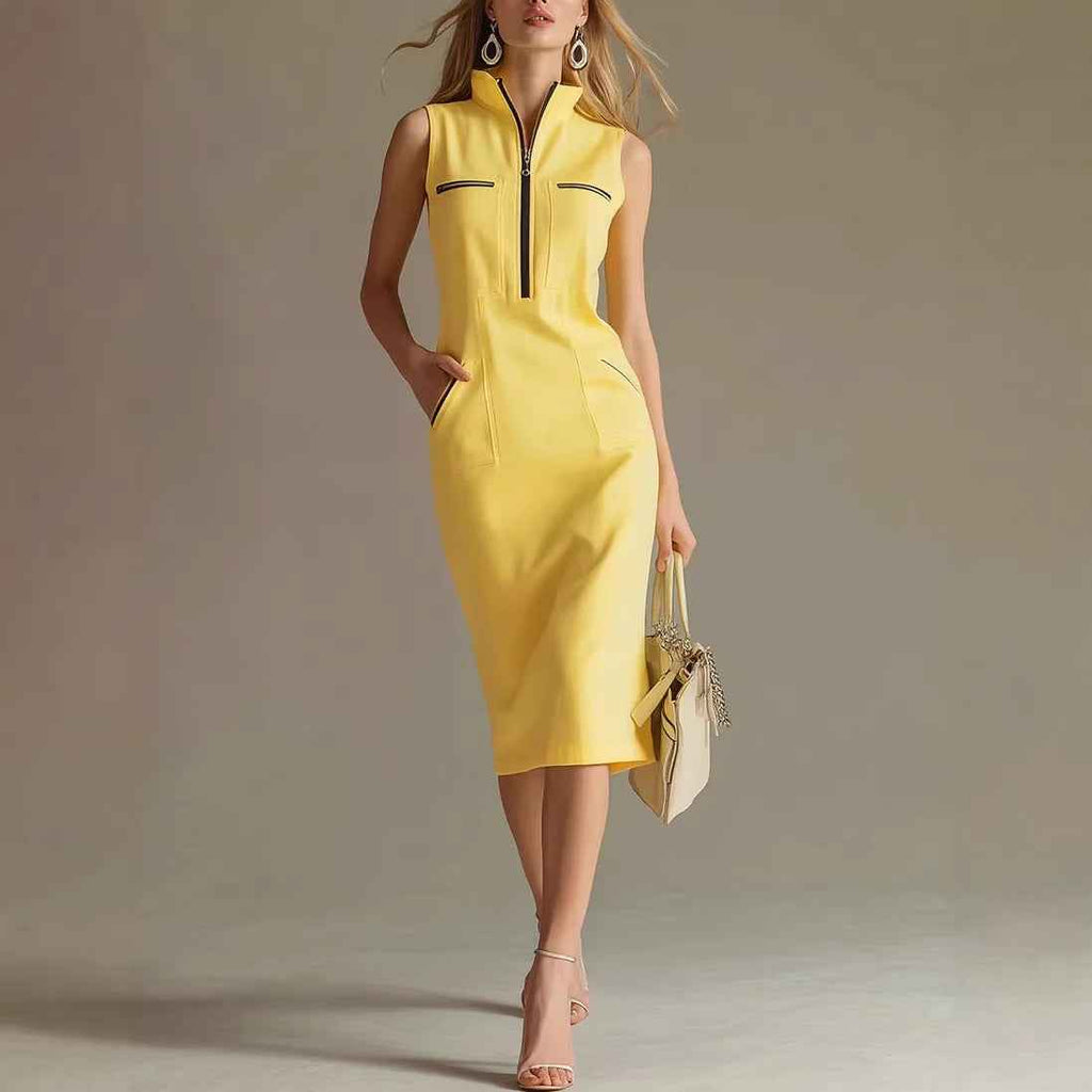 Colour-Block Stand Collar A-Line Midi Dress – Zip Closure
