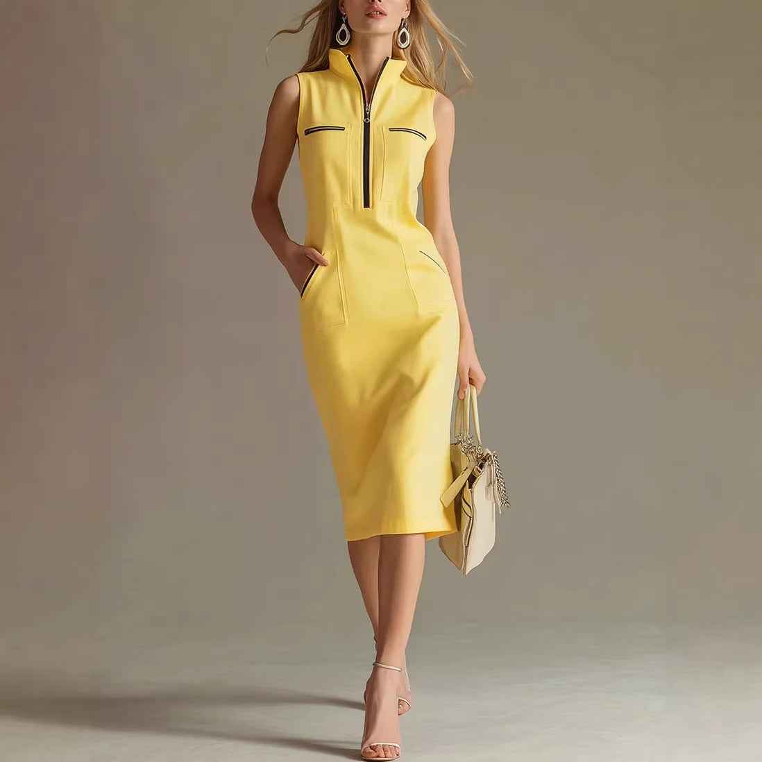 Colour-Block Stand Collar A-Line Midi Dress – Zip Closure