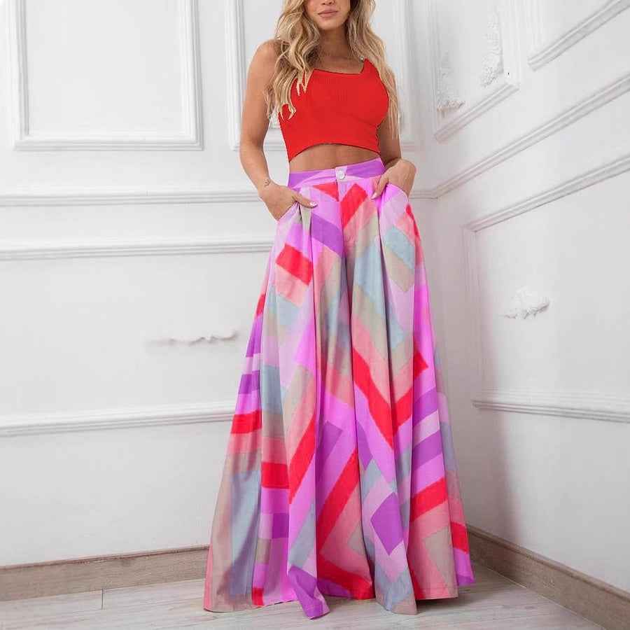 High-Waist Wide-Leg Spandex Pants – Pockets, Bold Colours
