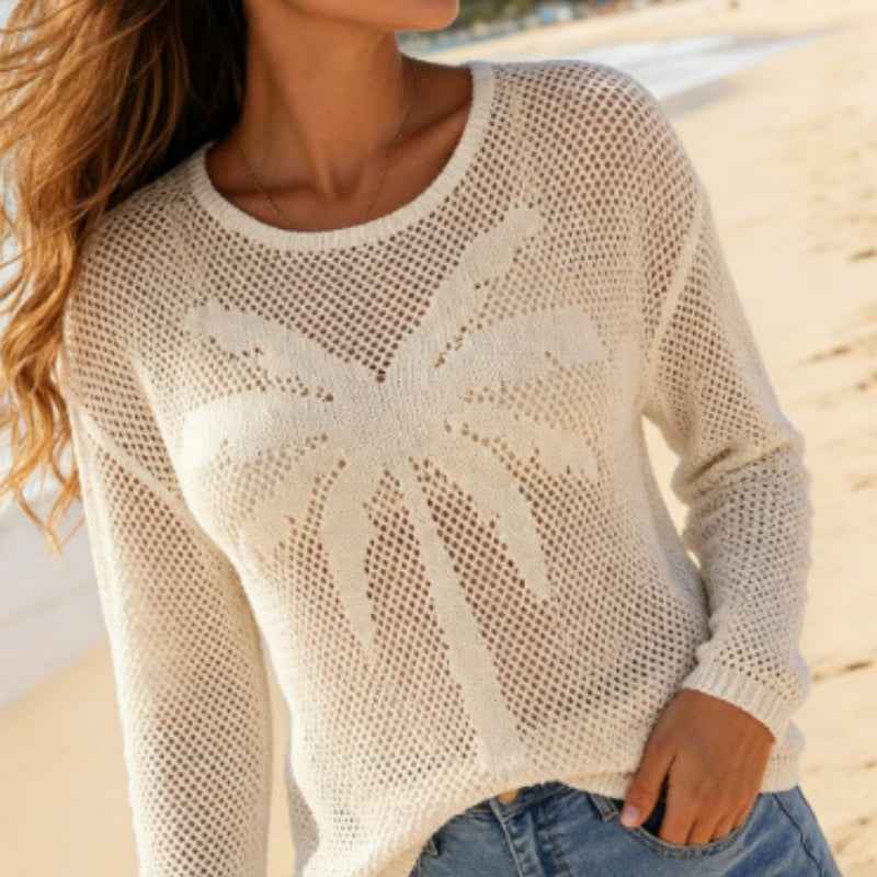 Womens Hollow-Out Jacquard Coconut Tree Knit Blouse