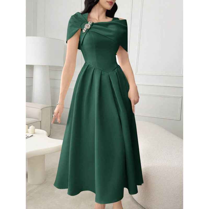 Asymmetric Diamond-Embellished Short-Sleeve Dress — Slim Fit, Elegant