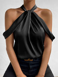 Backless Satin Halter Top — Sleeveless, Black & Emerald, S–XL