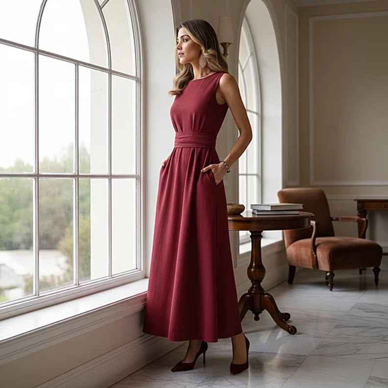 High-Waist A-Line Midi Dress – Sleeveless Workwear