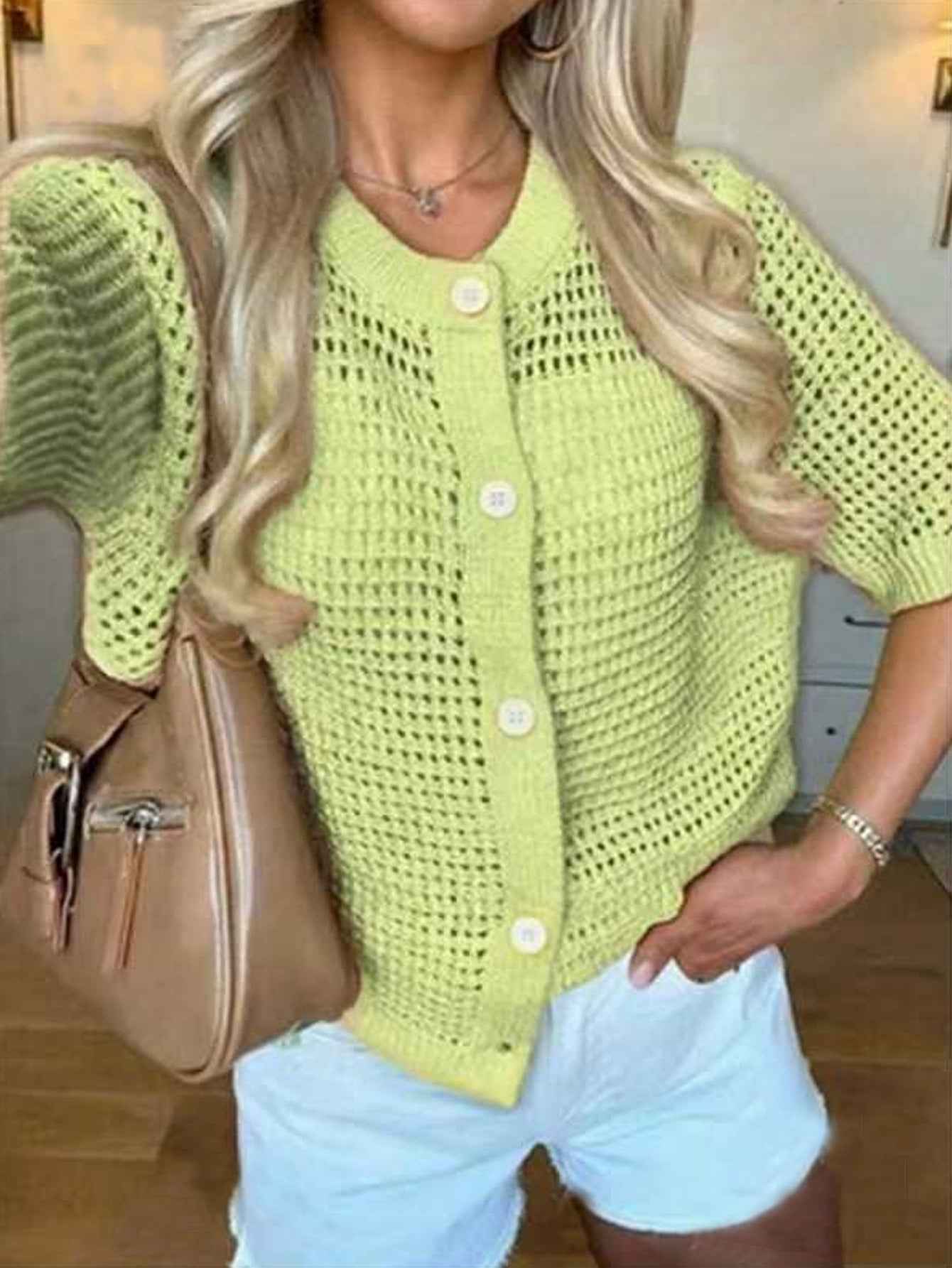 Hollow-Out Knit Open-Front Cardigan