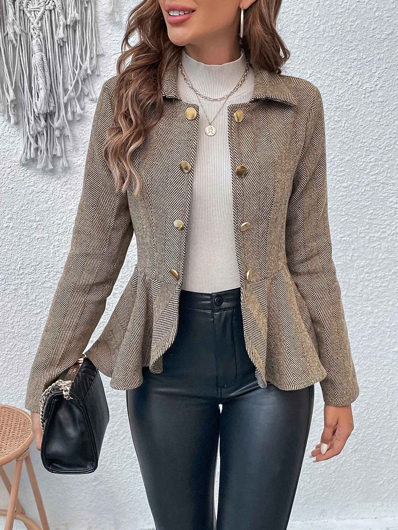 Double-Breasted Slim Blazer — Jacquard Collar, Ruffle Trim, 3 Colours