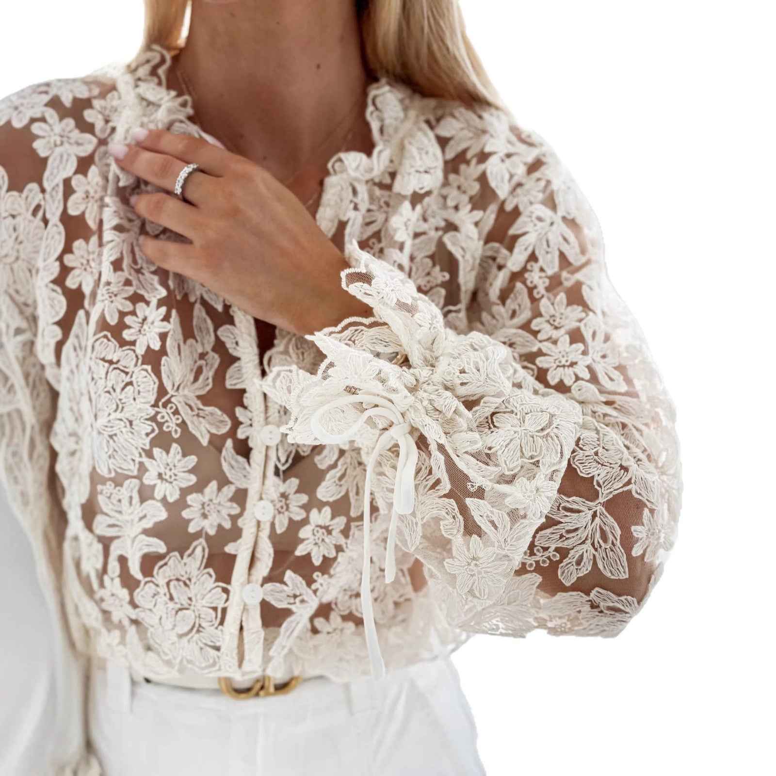 V-neck Hollow-out Casual Lace Long-sleeve Womens Top