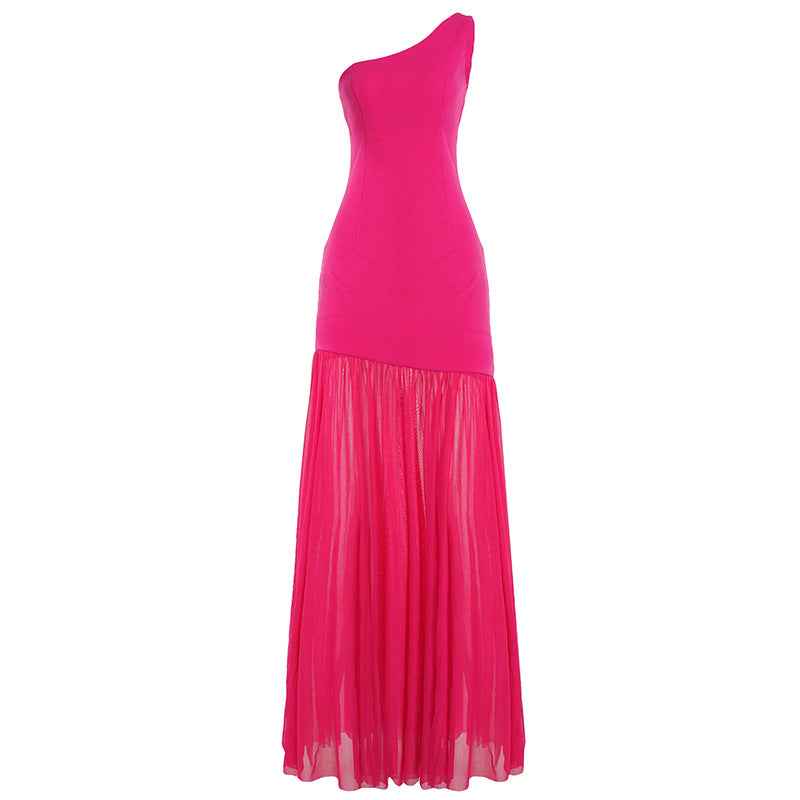 Women's Off-Shoulder Mesh Patchwork Maxi Dress — Rose Red, S–L