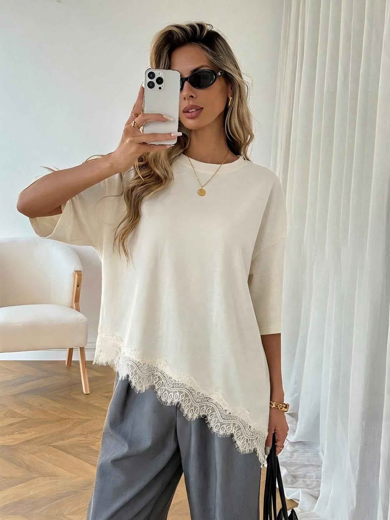 Lace-Trim Top — Slanted Hem, 3/4 Sleeve Minimalist Style