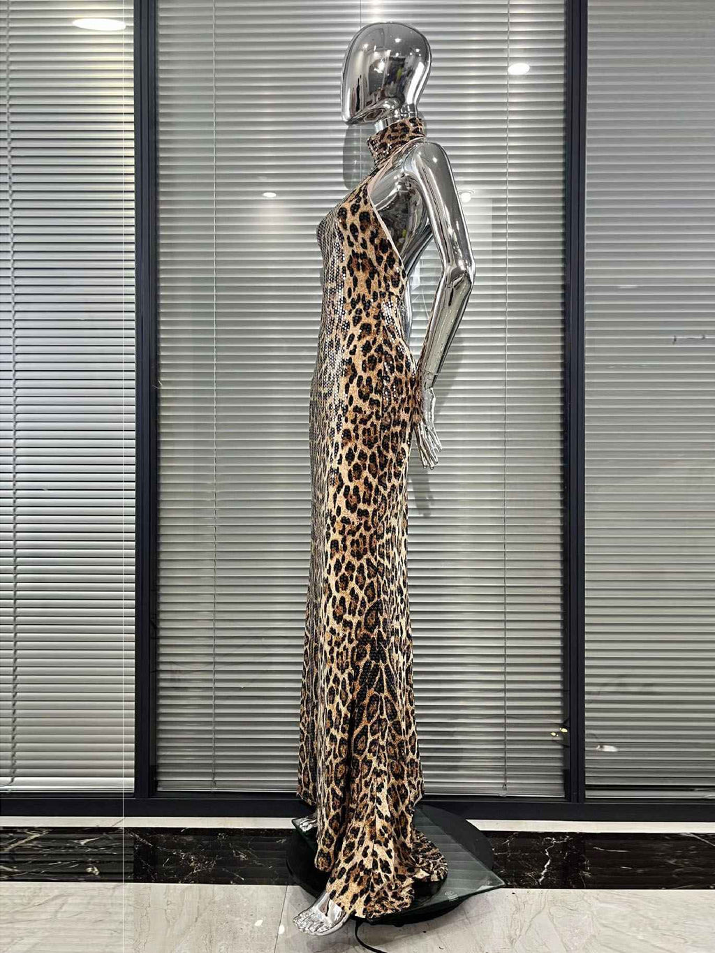 Leopard Print Sequin Halter-Neck Mermaid Gown