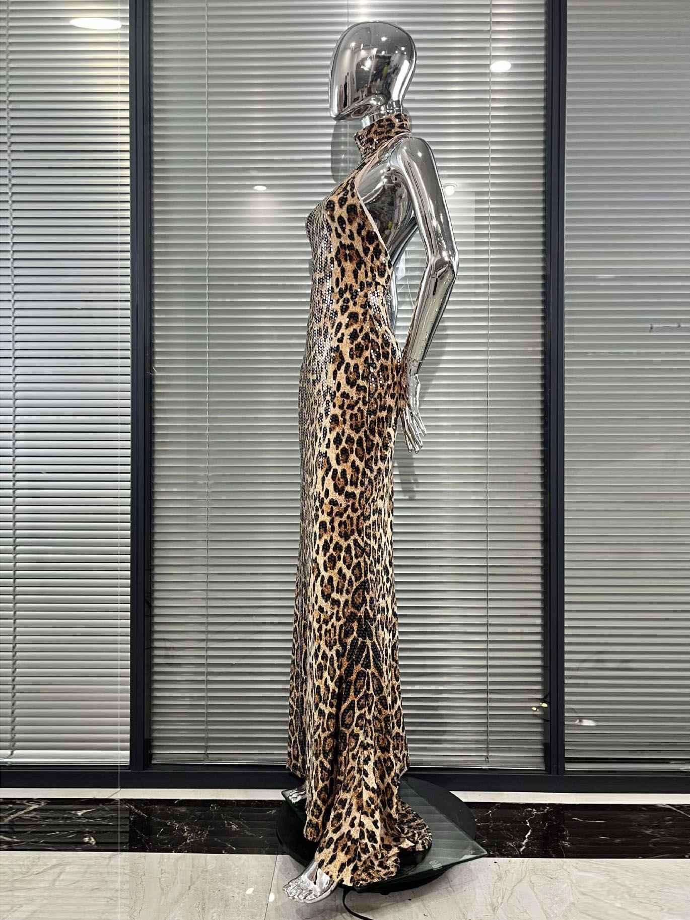 Leopard Print Sequin Halter-Neck Mermaid Gown