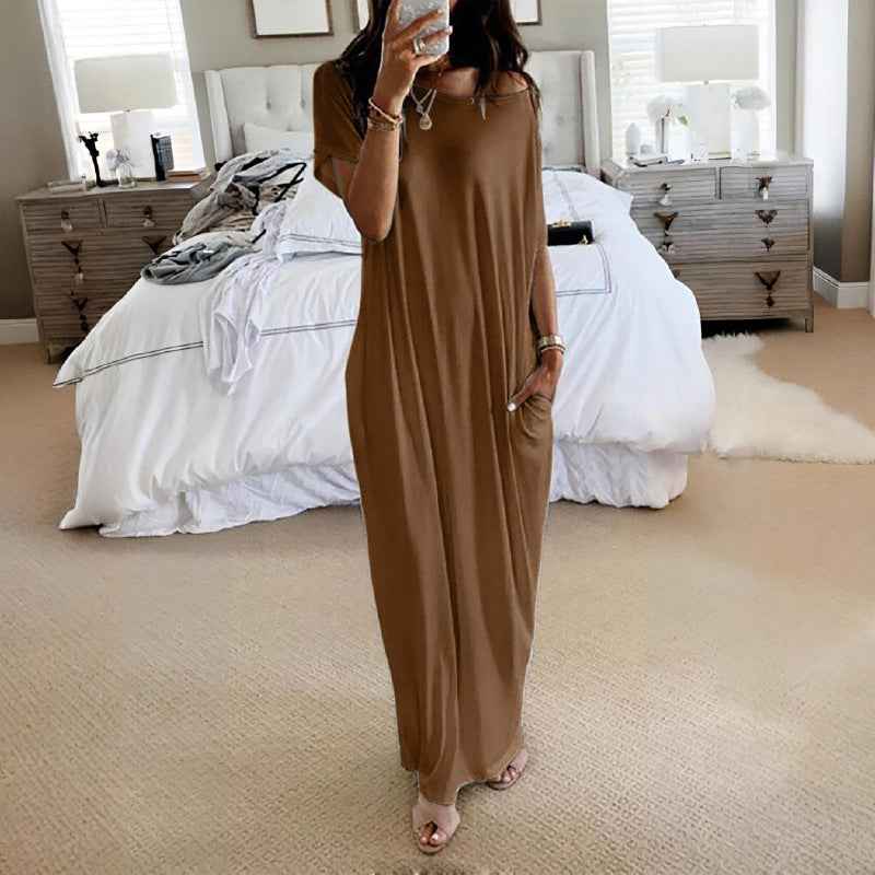 Off Shoulder Short Sleeve Pocket Loose Flowy Maxi Dress