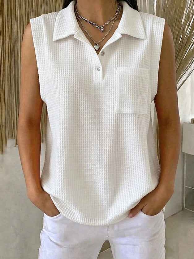 Womens Solid-color Knitted Polo-neck Sleeveless Shirt Vest