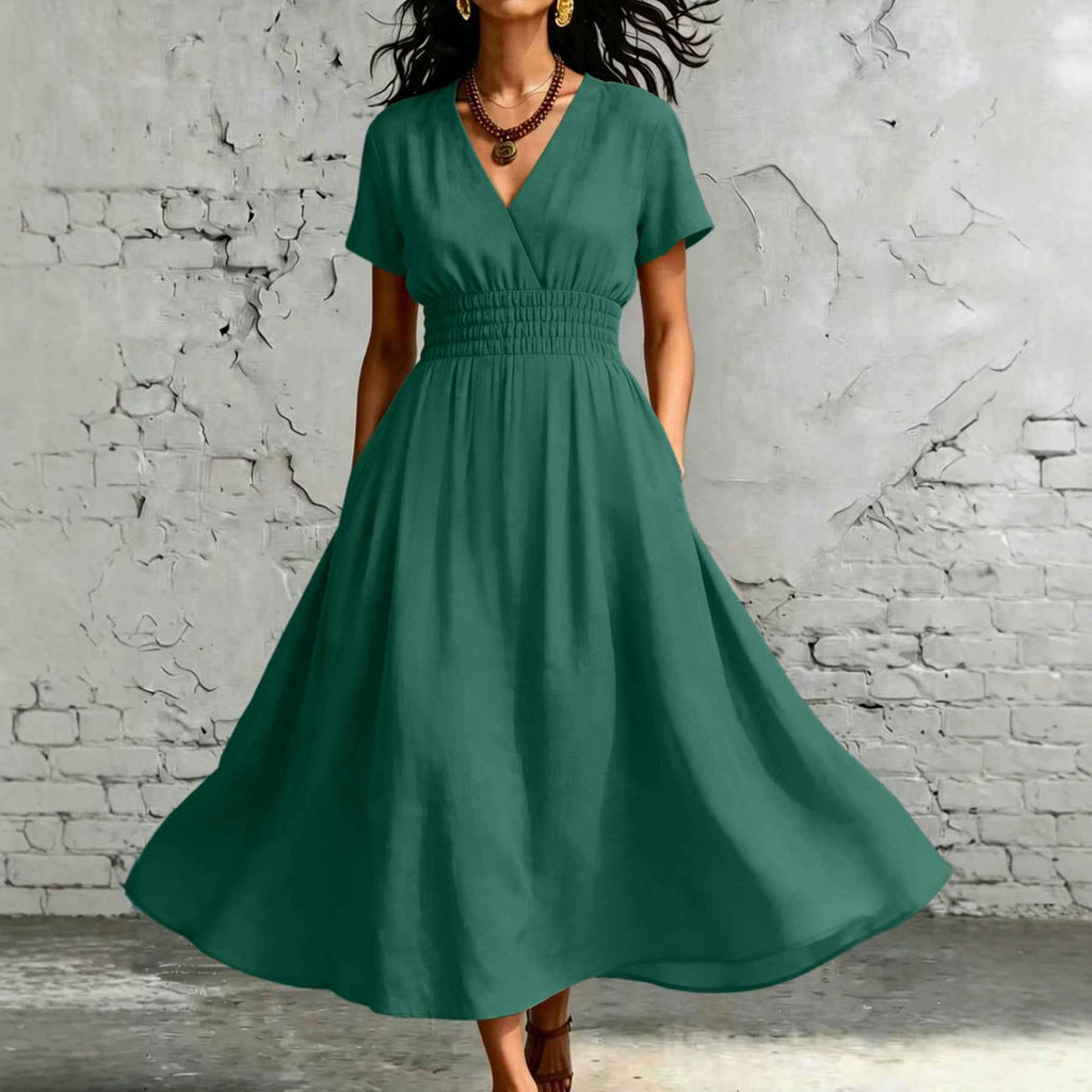 V-Neck Flared Sleeve Midi Dress – Elastic Waist