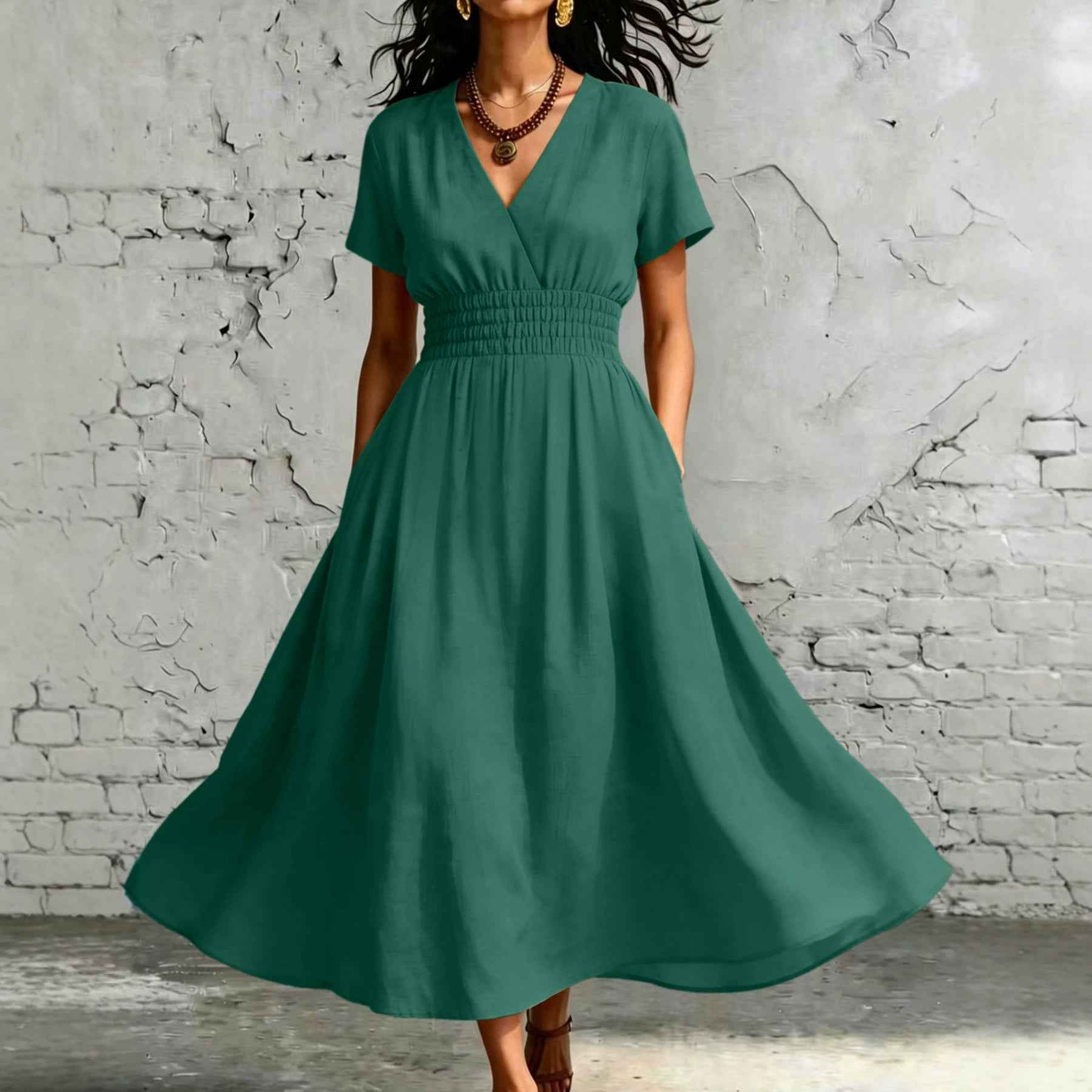 V-Neck Flared Sleeve Midi Dress – Elastic Waist