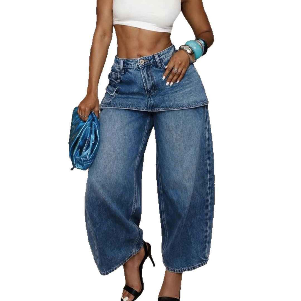 Women's Retro Wide-Leg Denim Jeans — Faux Two-Piece Style