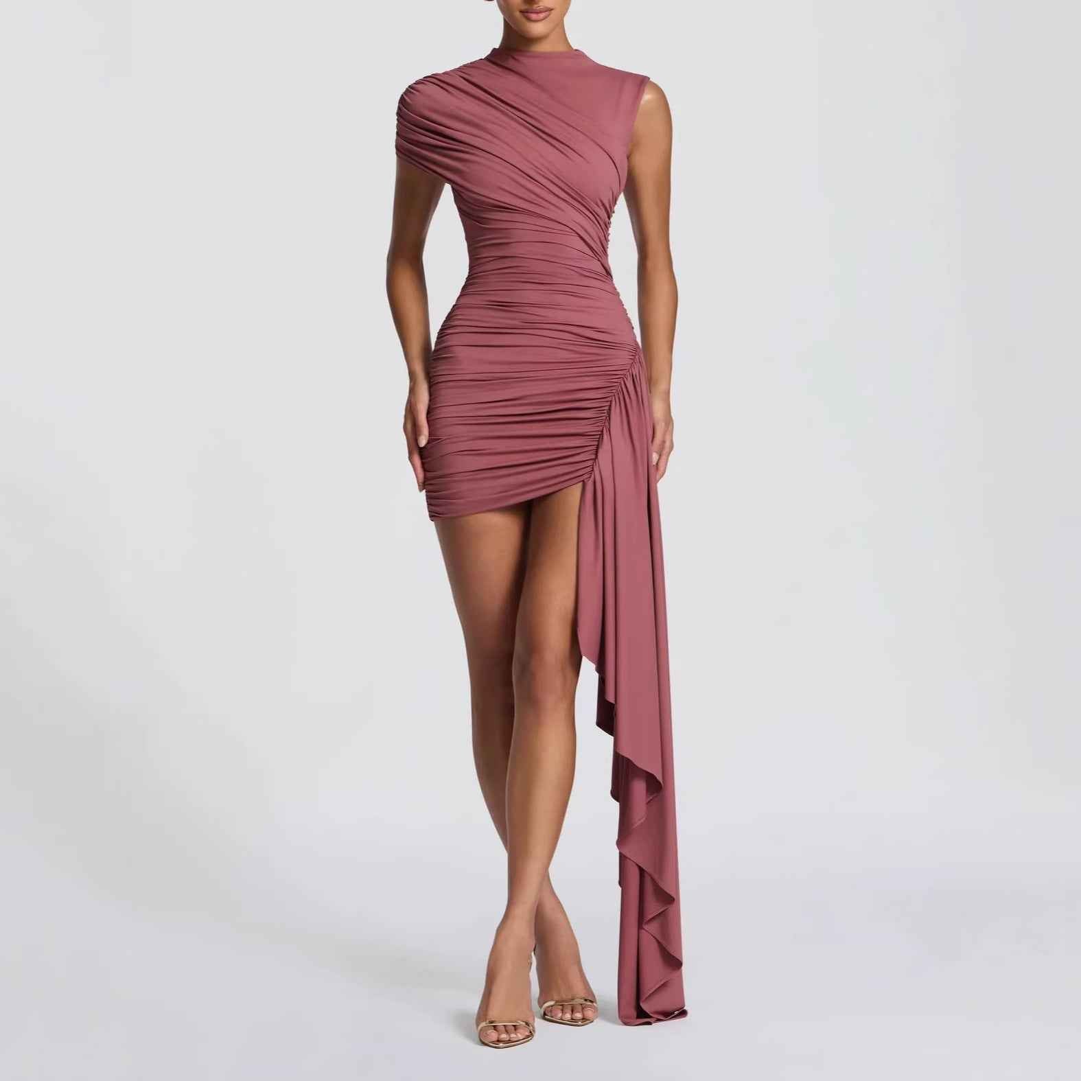 Sleeveless Pleated Waist-cinching Sheath Elegant And Fashionable Womens Dress