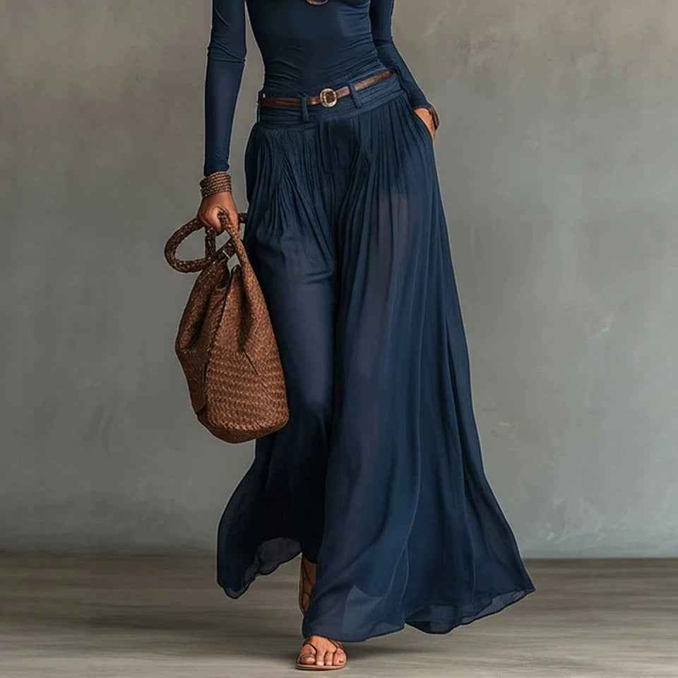 Women's Navy Blue Long-Sleeve Straight-Cut Maxi Dress — Relaxed Fit