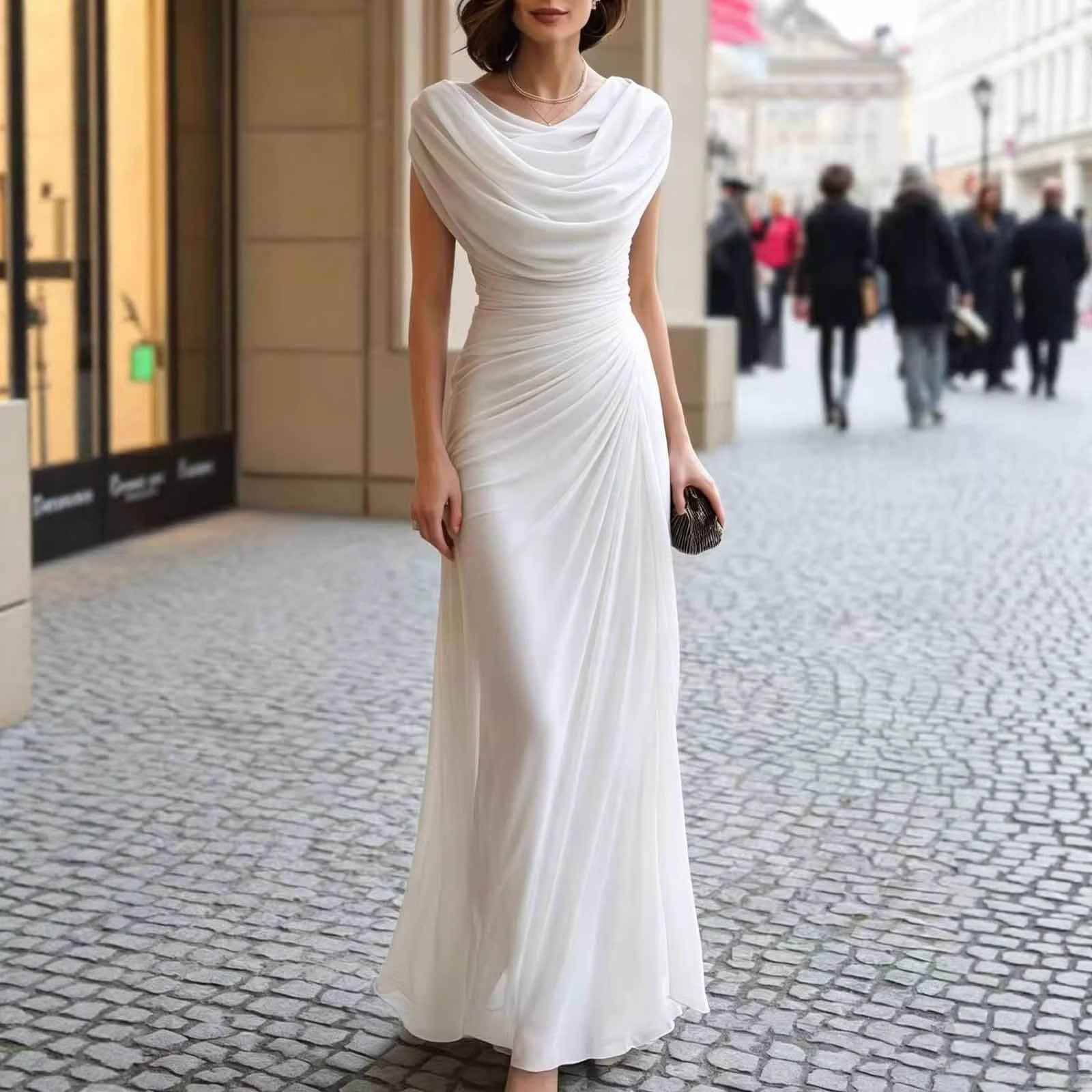 Mercerized Draped-Collar Pleated Sleeveless Slim-Fit Maxi Dress