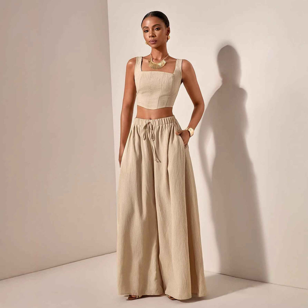 Vacation-Ready Fishbone Strap Top And Wide-Leg Pants With Pockets 2-Piece Set