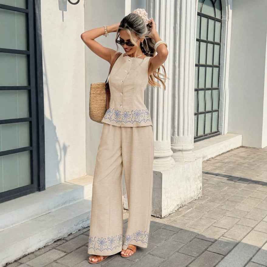Solid-Color Sleeveless Vest & Wide-Leg Pants – Women’s Summer Two-Piece