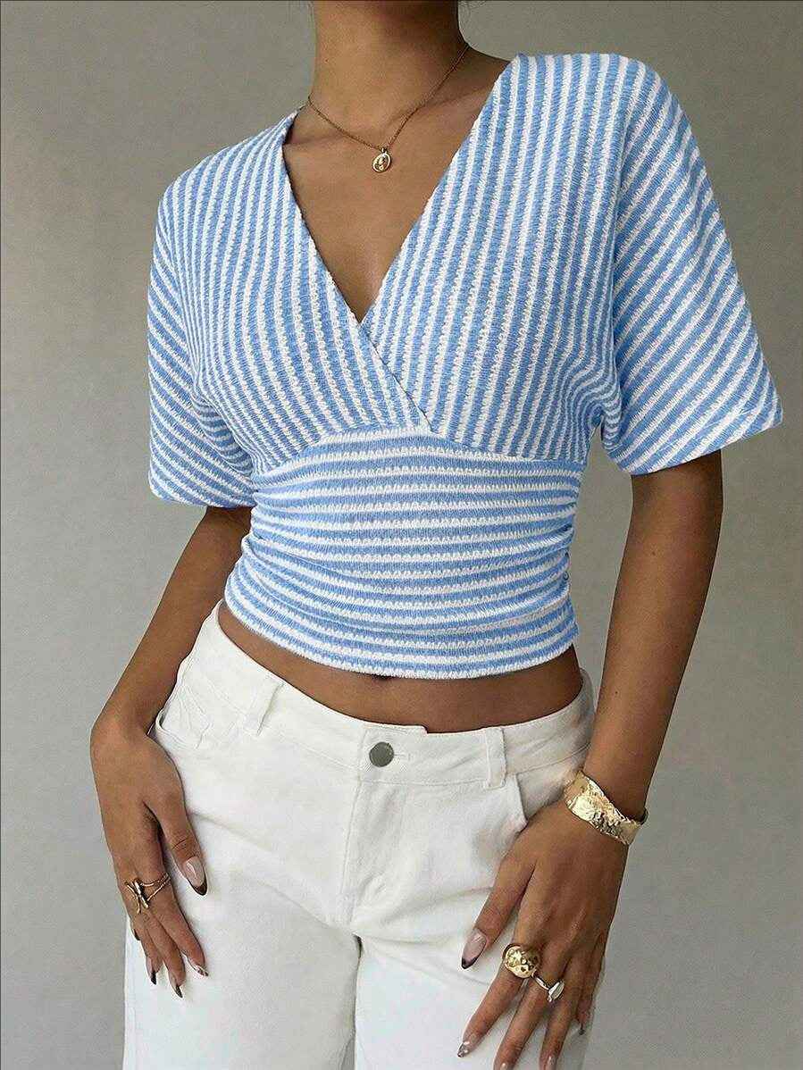 V-neck Knitted Fashion Casual Womens Striped