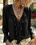Ruffled Ruffle-trimmed Flared-sleeve Pleated Long-sleeve V-neck Top