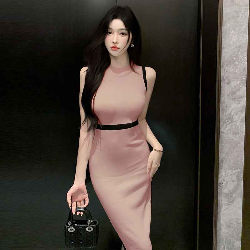 Colour-Block Sleeveless Midi Dress – High Waist Slim Fit