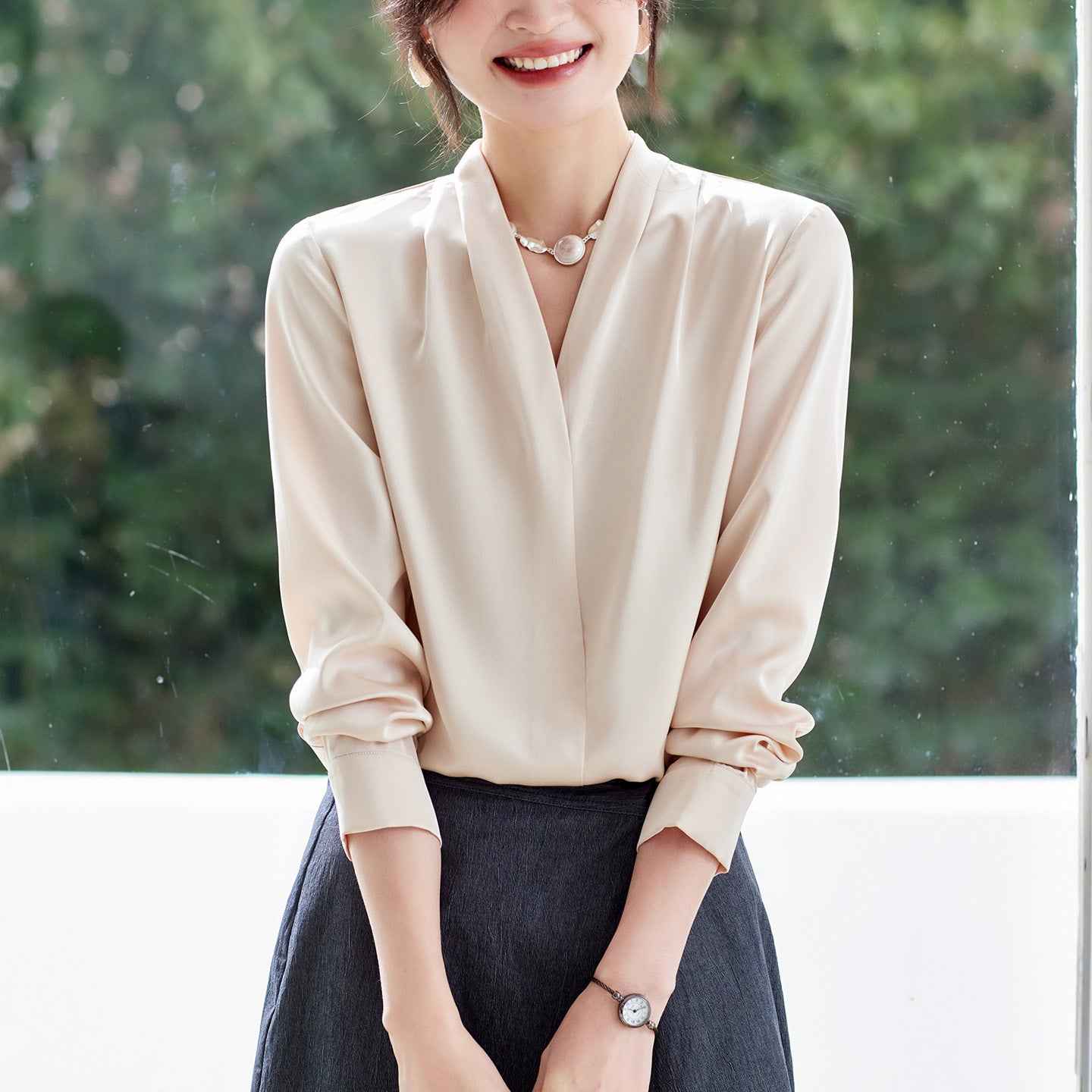 Pleated Chiffon Blouse – Loose Fit 3/4 Sleeve Top