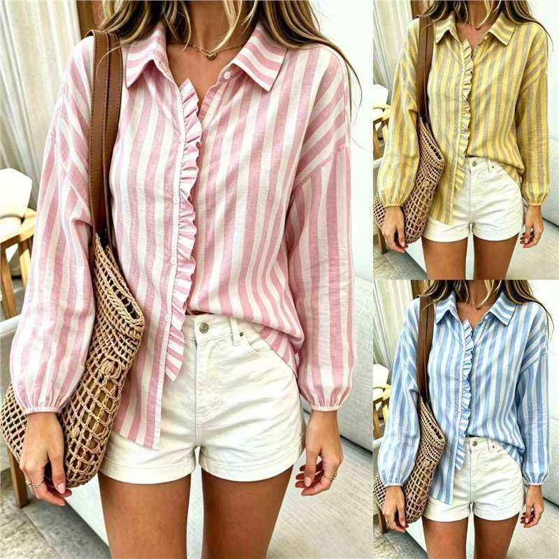 Women's Striped Puff-Sleeve Lapel Shirt