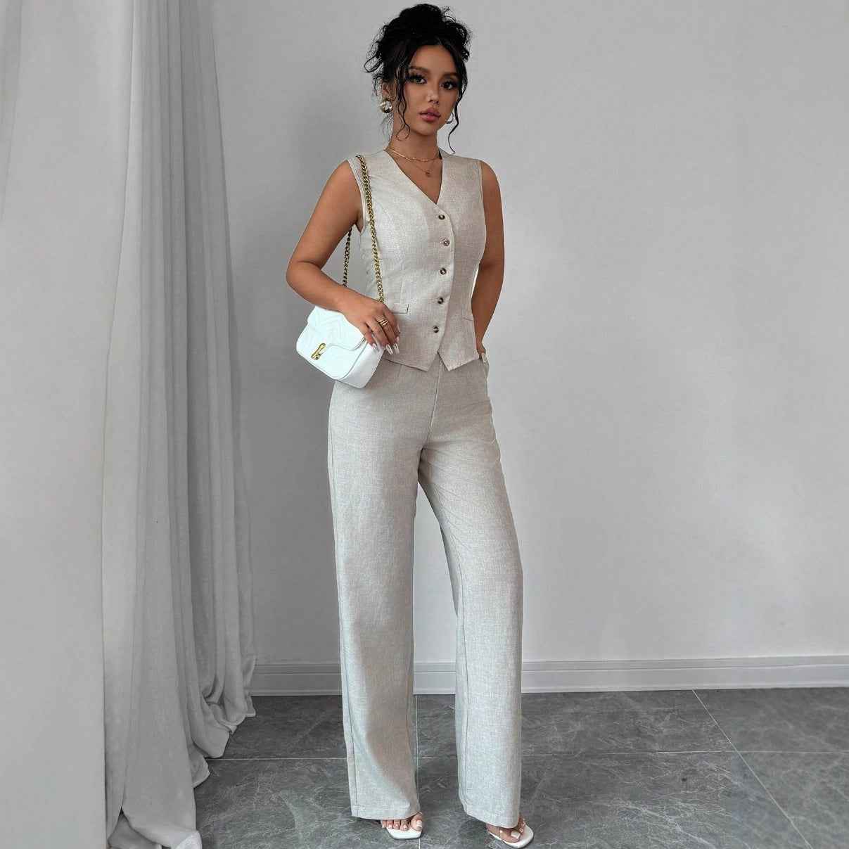 Women's Long-Sleeve Top & Full-Length Pants Co-Ord Set — Light Gray