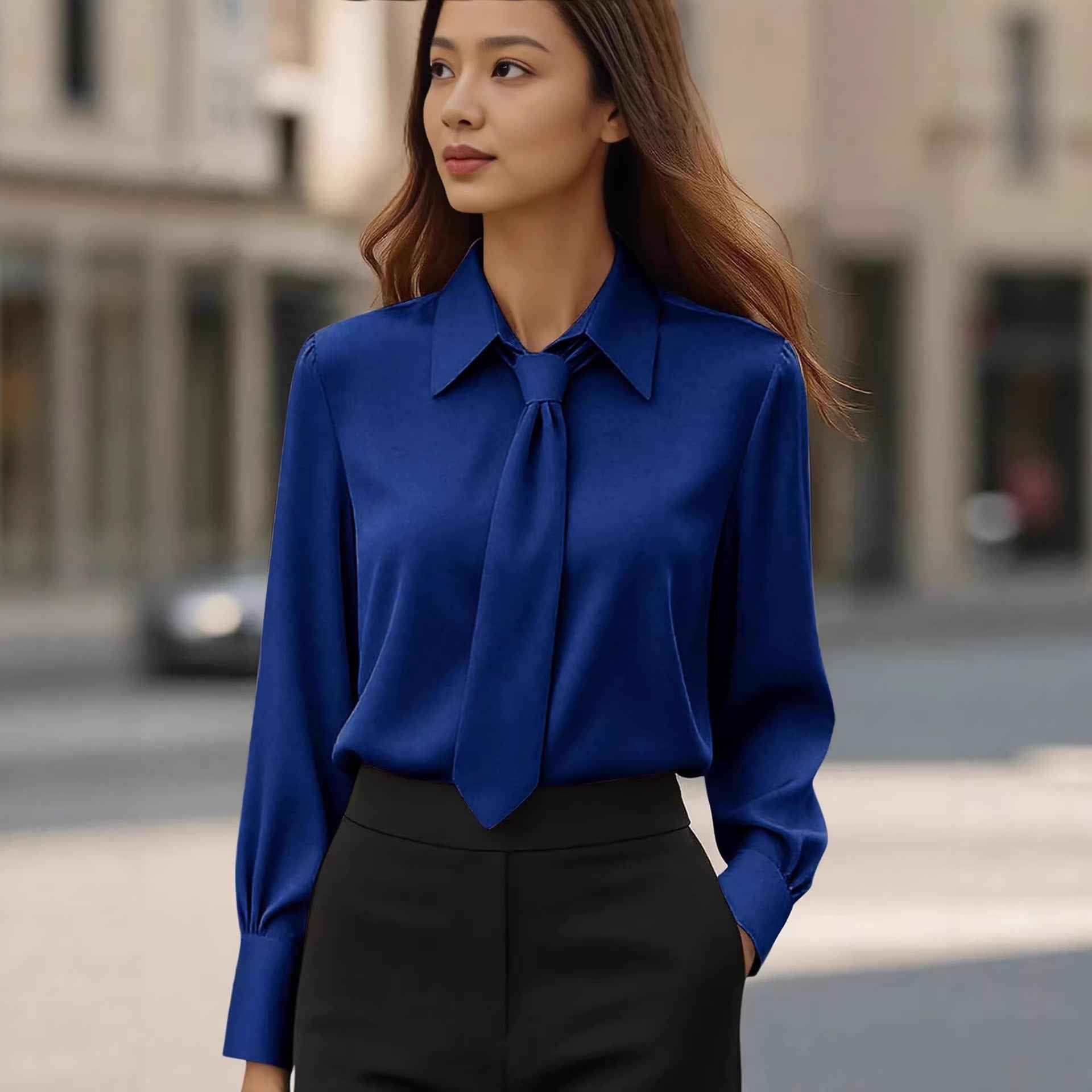 Womens Solid-Color Casual Tie Long-Sleeve French-Collar Shirt