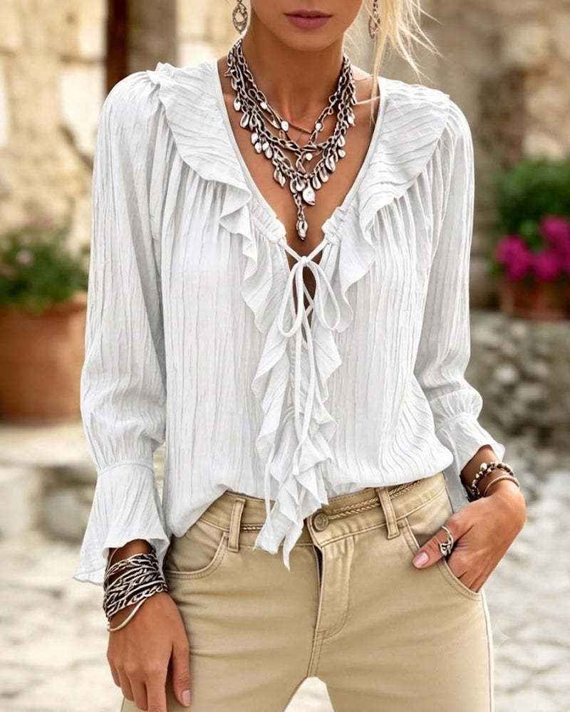 Ruffled Ruffle-trimmed Flared-sleeve Pleated Long-sleeve V-neck Top