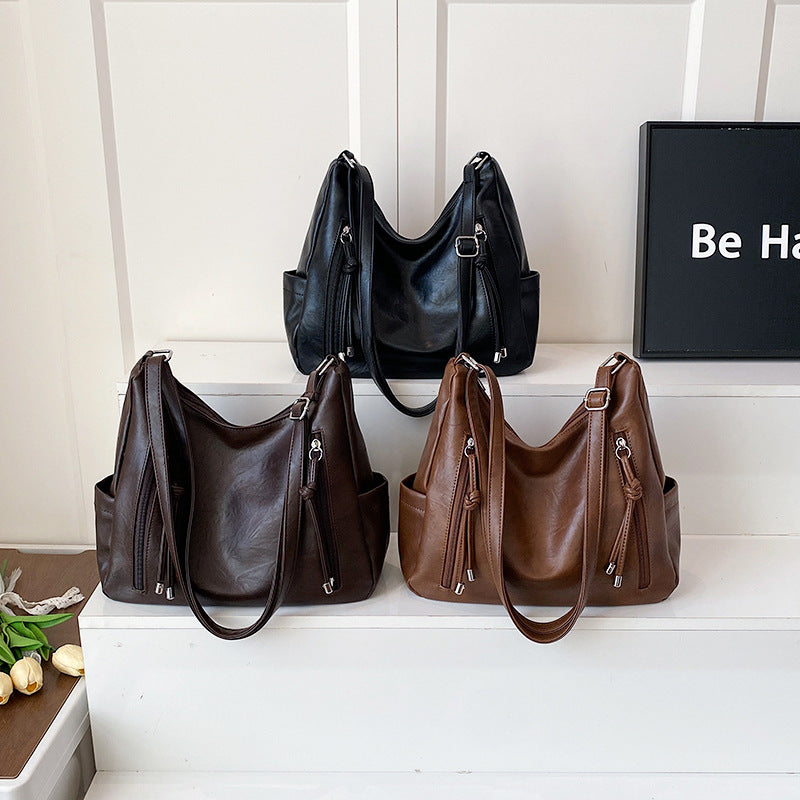 Large-Capacity PU Leather Shoulder Bag with Zipper Pocket