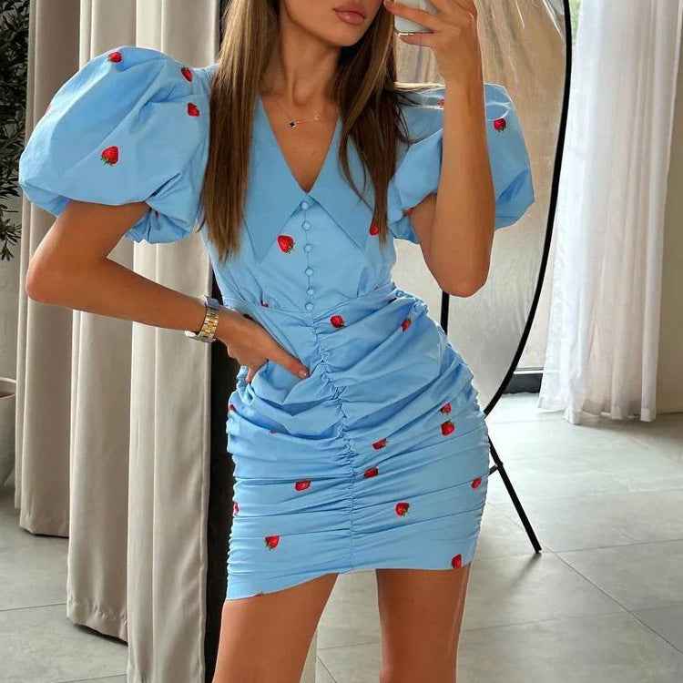 Strawberry Print Puff-Sleeve Pointed Collar Ruched Bodycon Mini Dress