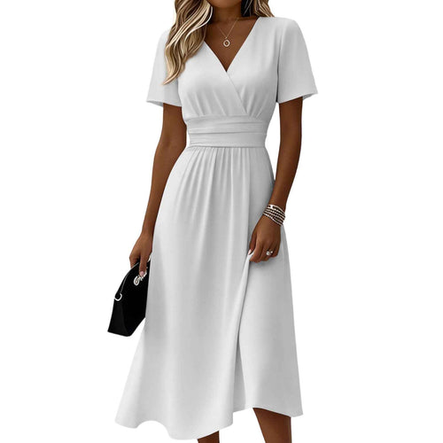 A-Line Pleated Midi Dress – V-Neck, Short Sleeve, High Waist, 14 Colours