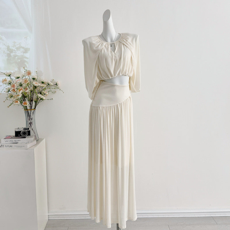 Puff-Sleeve Top & Floor-Length Pleated A-Line Skirt Set