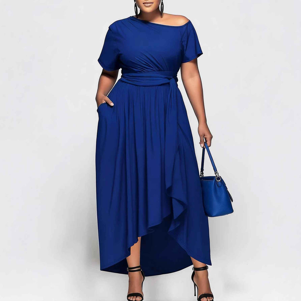 Off-Shoulder Asymmetric Hem Maxi Dress – Plus Size