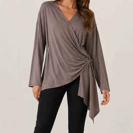 Strap-style Solid-color Elegant V-neck Casual Long-sleeve Top