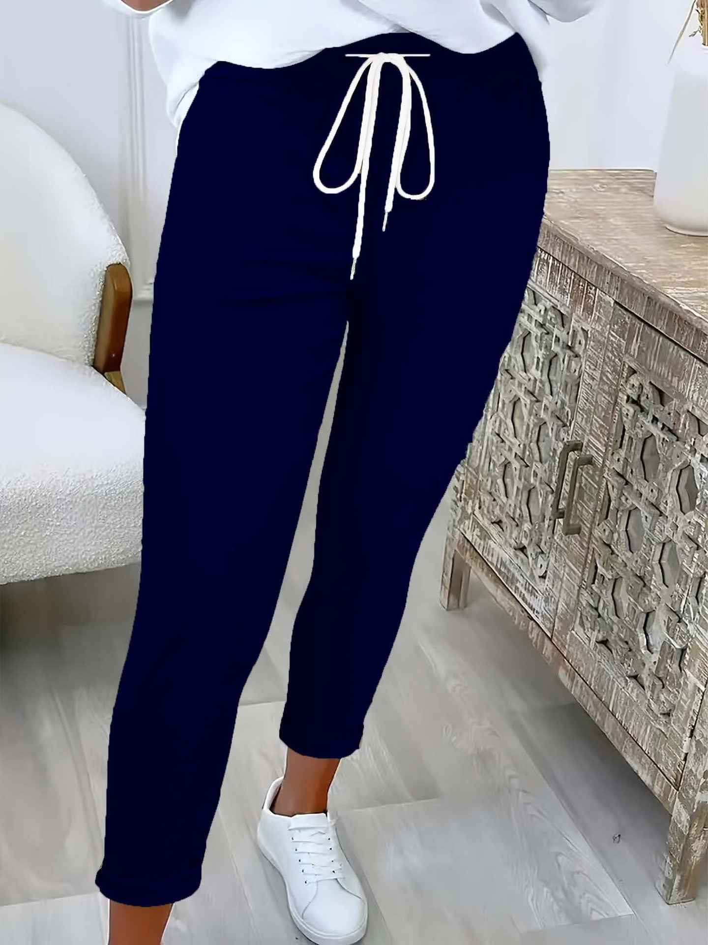 Women's High-Waisted Slim Cropped Trousers with Lace-Up Detail