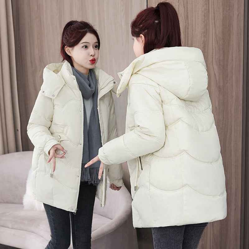 New Solid-Color Mid-Length Puffer Jacket With Hood