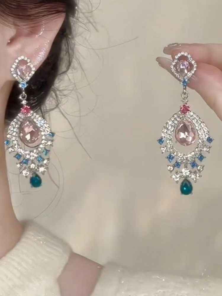 Heavy Craft Rhinestone Inlaid Teardrop Zircon Earrings, Vintage Light Luxury Style Women's Ear Jewelry