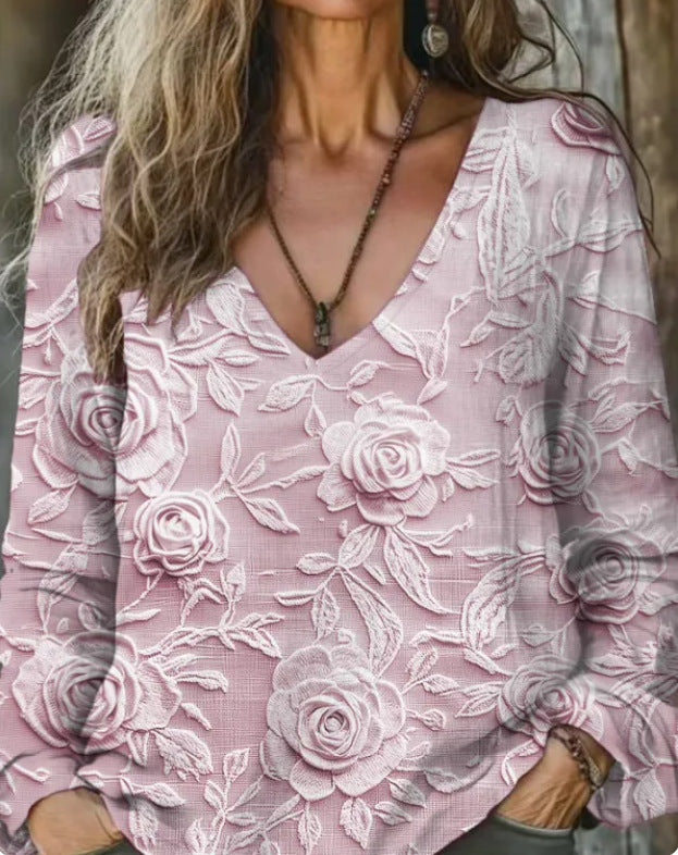 Womens V-neck Fashionable Pullover With A Loose-fit Print