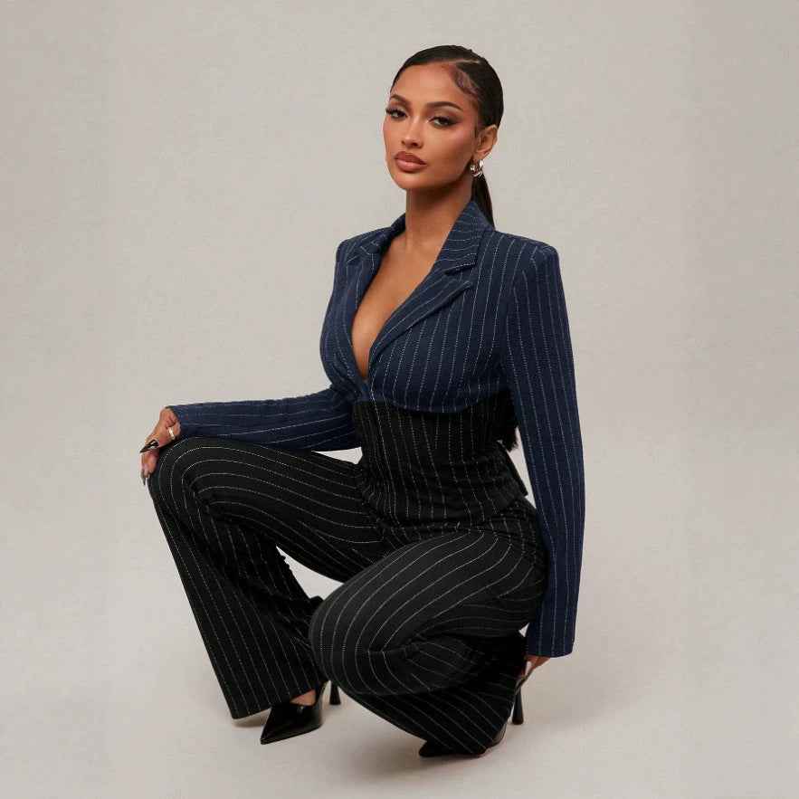 Contrast-Stripe Waist-Cinching Two-Piece Set – Long Sleeve & Wide-Leg Pants